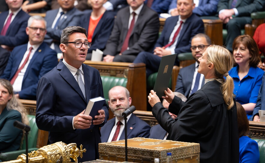 Andy Burnham is sworn-in as a member of Parliament in the House of Commons in London, on June 22.