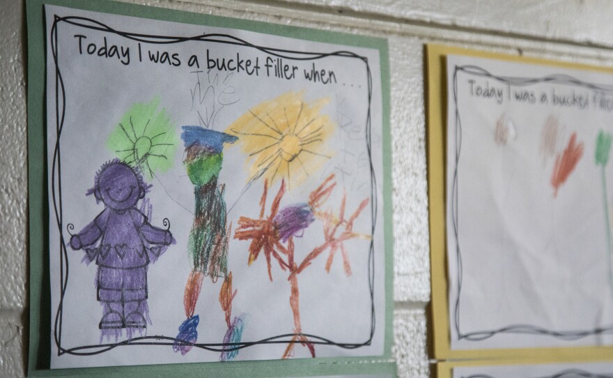 Student artwork adorns the walls of Heather Carll's special education classroom in Pearl City.
