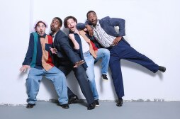 (from left) Daniel Petzold as Dromio of Ephesus, Joshua Echebiri as Antipholus of Ephesus, Will Blum as Dromio of Syracuse, and Brandon Micheal Hall as Antipholus of Syracuse in <i>The Comedy of Errors</i>, 2025.