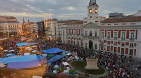 Protesters camp during a protest following the eviction last Wednesday of 87-year-old Maricarmen to demand stronger laws to protect renters at Sol square in Madrid, Spain, Sunday, Sept. 27, 2026.