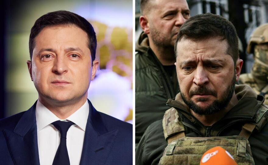 Left: Ukrainian President Volodymyr Zelenskyy on Feb. 22. Right: Zelenskyy on April 4.
