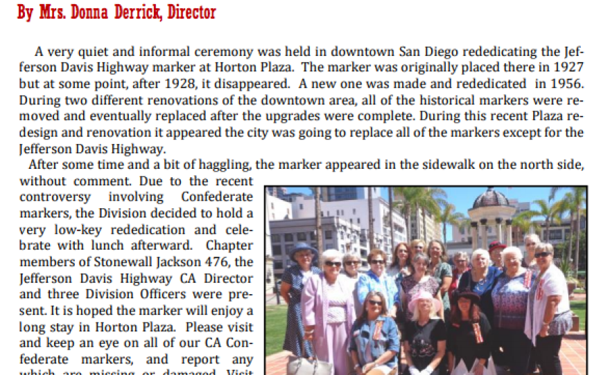 A screen capture of a November, 2016 issue of a newsletter by the United Daughters of the Confederacy California Division is shown above.