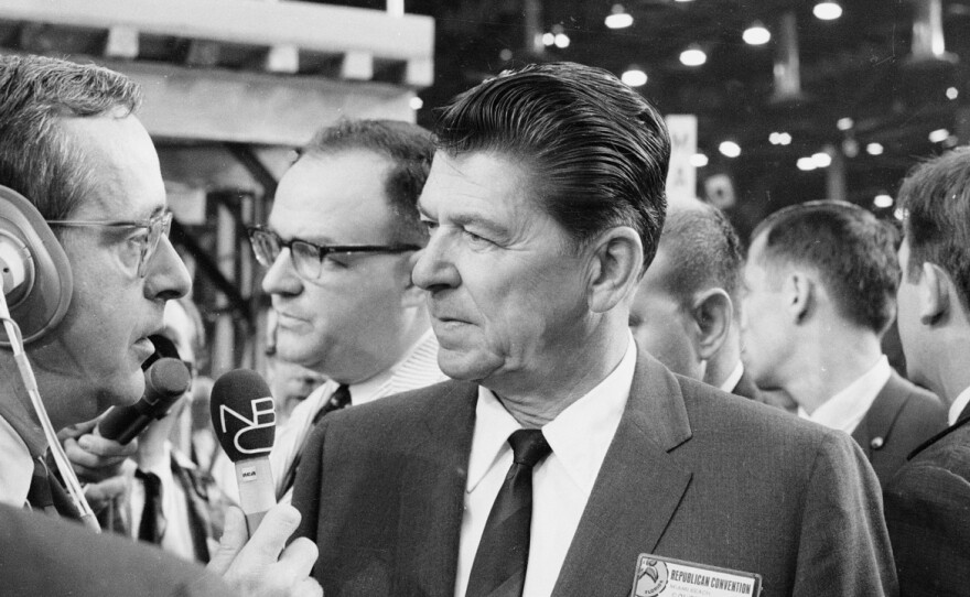 Ronald Reagan speaks to a reporter at the Republican National Convention in Florida in 1968. In 1984, Reagan carried in the biggest group of Southern Republicans in Congress since Reconstruction.