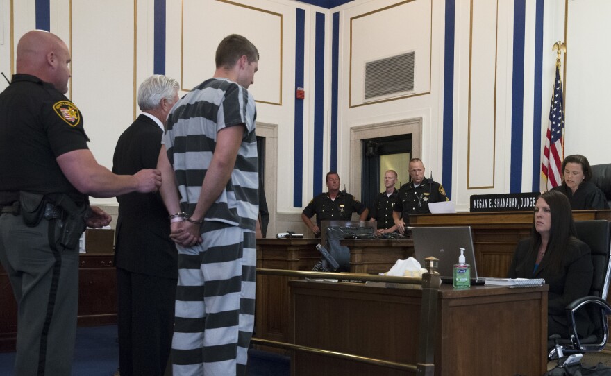 Former University of Cincinnati police officer Ray Tensing appears before Judge Megan Shanahan at Hamilton County Courthouse for his arraignment in the shooting death of motorist Samuel DuBose, July 30, 2015, in Cincinnati. Tensing pleaded not guilty to charges of murder and involuntary manslaughter.