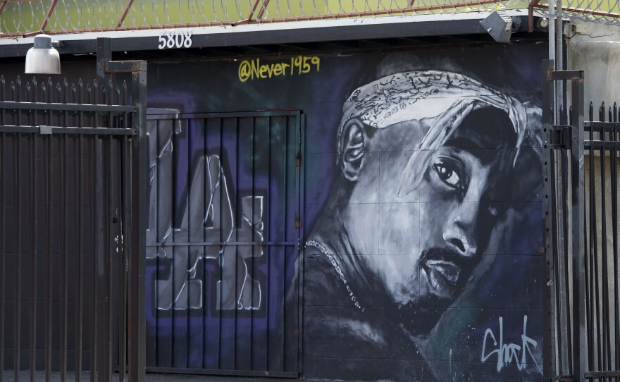 A photograph of a mural in Los Angeles dedicated to Shakur, taken nearly 20 years after his murder.