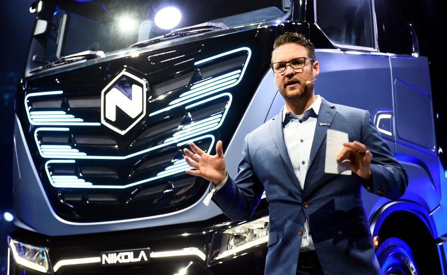 Trevor Milton, the founder of Nikola, speaks during a presentation in Turin, Italy December 2, 2019. Milton resigned as executive chairman over allegations that he made misleading claims about the company's technology. Milton has denied the accusations.