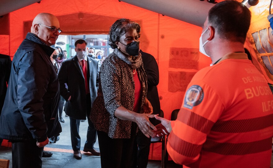 Raed Arafat, Head of the Romanian Department for Emergency Situations, shows US Ambassador to the UN, Linda Thomas-Greenfield the facilities of the Gara de Nord railway station in Bucharest, Romania, April 4, 2022.