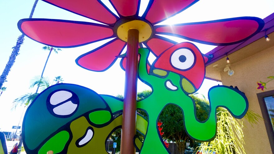 Artist Bella Bowman's sculpture, "Fun Guys," outside Carrillo Pottery in Oceanside on Jan. 26, 2026.