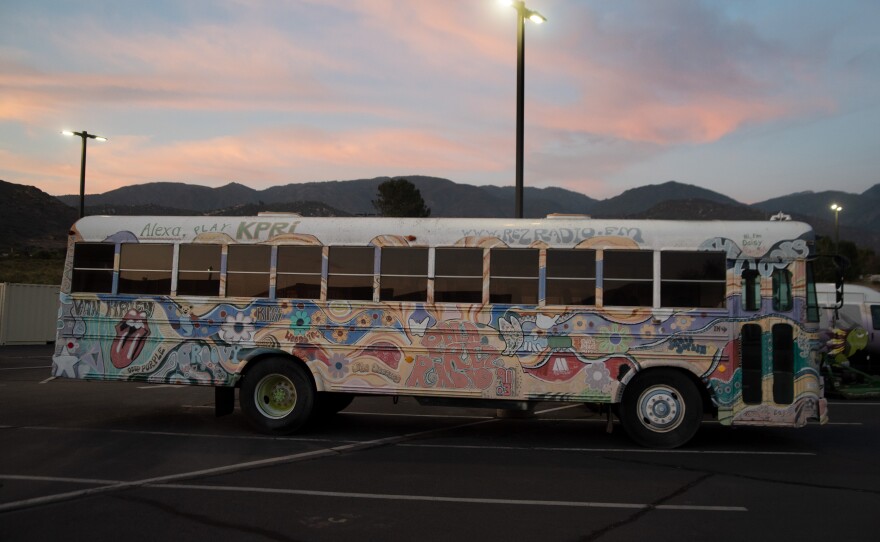 "Daisy" the Bus sits outside the Pala Rez Radio's location near the Pala Band of Mission Indian's Tribal Administration building on the Pala Reservation on May 29th, 2025. The station's volunteers drive it to locations where they broadcast their shows live.