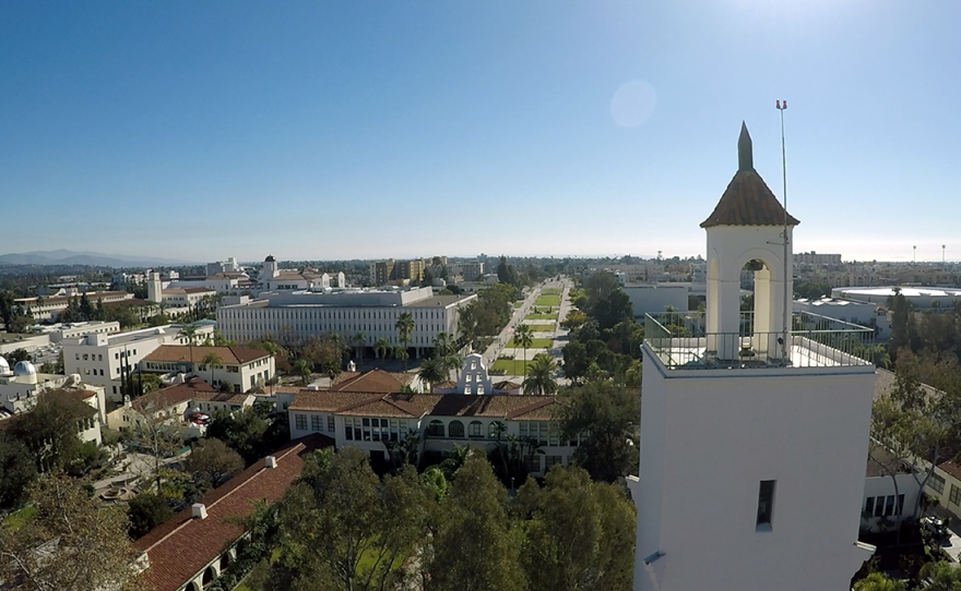 Aerial view of Hardy Tower, San Diego State University, San Diego, Calif.