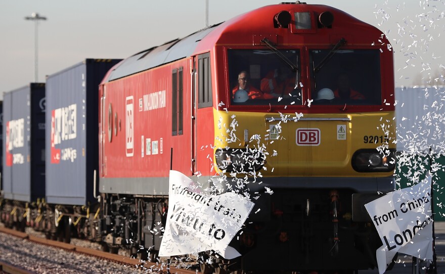 The train, which began its journey in Yiwu, China, pulls into a rail freight terminal on Wednesday in London, after traveling for 16 days — across about 7,456 miles and nine countries.