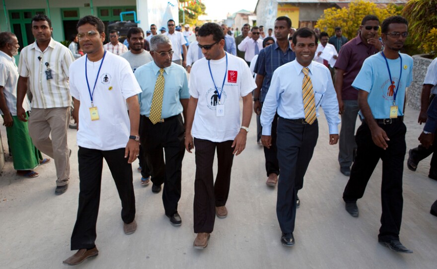 President Mohamed Nasheed visits an island in the northern Maldives.