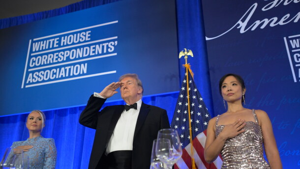 President Donald Trump attends the White House Correspondents' Association Dinner, at the Waldorf Astoria Washington DC, Friday, July 24, 2026, in Washington, with with WHCA president Weijia Jiang, right and White House press secretary Karoline Leavitt.