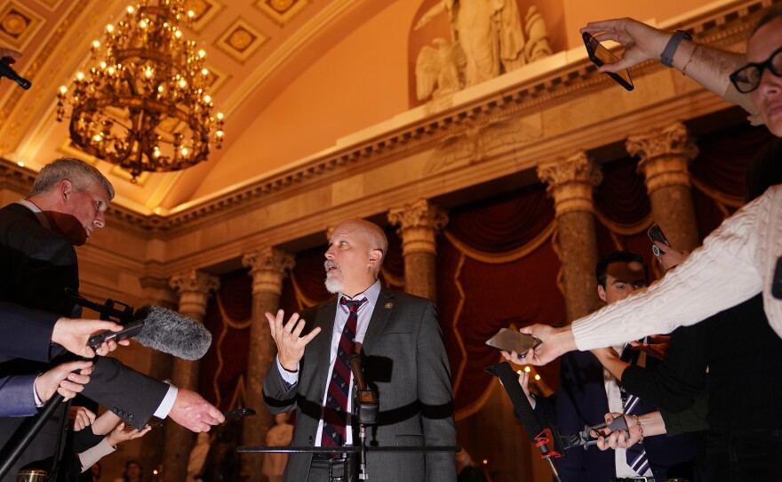 Rep.-elect Chip Roy (R-TX) talks to reporters in Statuary Hall after switching his support for Speaker of the House to Republican leader Kevin McCarthy (R-CA).