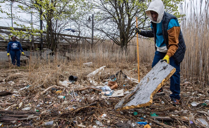 Volunteers clean trash from a salt marsh in Massachusetts.