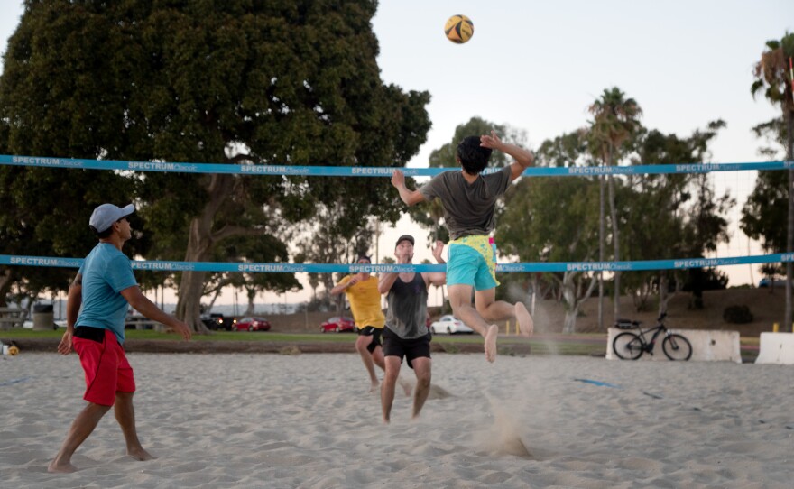 A volleyball player hits a ball at a Life's a Beach recreation league meetup in San Diego, August 5, 2025.