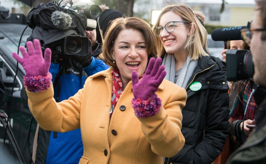 Amy Klobuchar, D-Minn., waves to supporters in New Hampshire. Her surprise finish on Tuesday, beating out Joe Biden and Elizabeth Warren, has injected new hope into her presidential campaign.