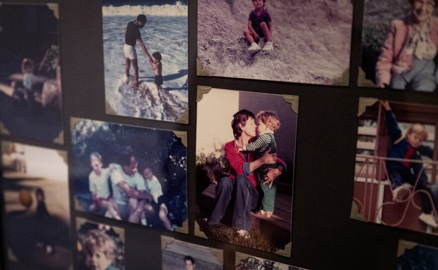 Photos of Kay James and her son Michael Bishop hang on the wall of her home in Moraga on Jan. 9, 2024. Bishop died jumping off of the Golden Gate Bridge in 2011.