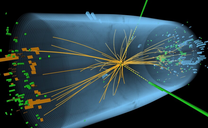 This graphic depicts a proton-proton collision from the search for the Higgs boson particle.