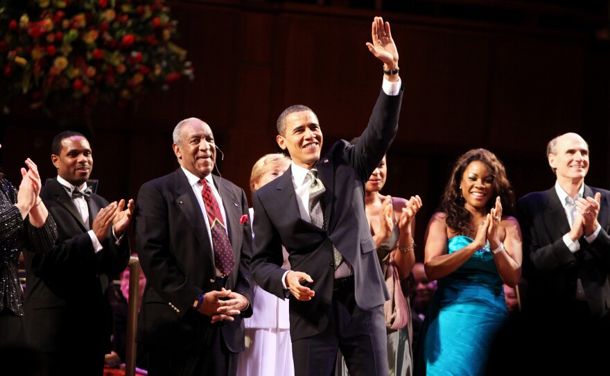 President Obama joins comedian Bill Cosby and others to sing happy birthday to Sen. Edward M. Kennedy, D-Mass., on March 8, 2009, at The John F. Kennedy Center for the Performing Arts in Washington.