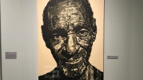 This is a Neil Shigley block print of a homeless San Diegan.