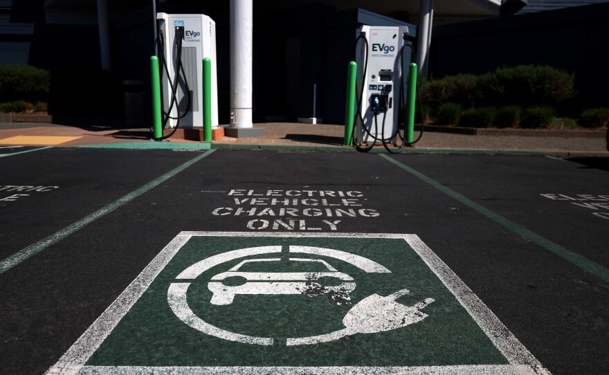 A view of electric car chargers on Sept. 23, 2020 in Corte Madera, Calif. There are several ways to charge electric vehicles and times range from minutes to half a day.