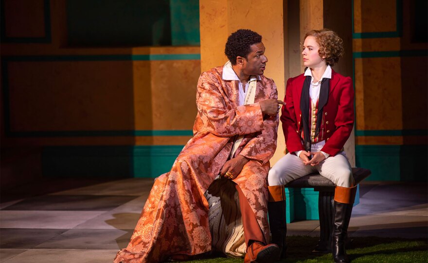 Biko Eisen-Martin is Orisno and Naian González Norvind is Viola, shown in an undated production photo of The Old Globe's "Twelfth Night."
