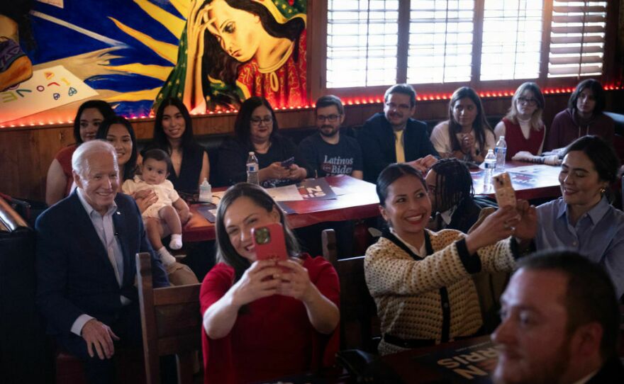 President Biden waits to speak to supporters during a campaign event at El Portal Restaurant in Phoenix on March 19.