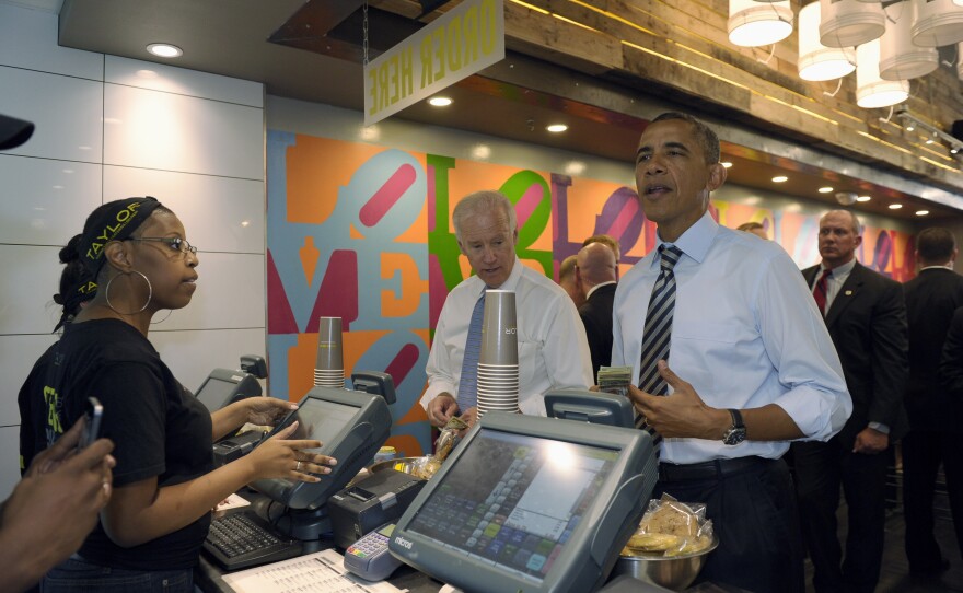 President Obama and Vice President Biden at Taylor Gourmet sandwich shop near the White House on Friday.