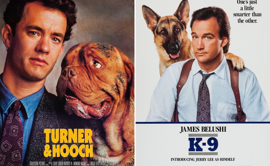 Tom Hanks in <em>Turner & Hooch</em> and Jim Belushi in<em> K-9</em>.