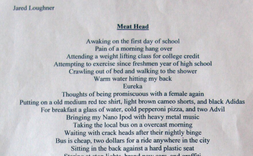 A portion of a poem by Jared Loughner written for a poetry class at Pima Community College. Document provided by former classmate Dan Coorough. Click "Enlarge" to see the full poem.