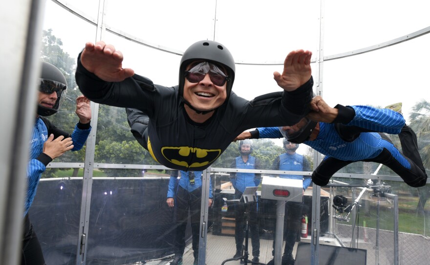 DC Comics Publisher Jim Lee does The Dark Knight Dive, part of the Batman Experience at this year's San Diego Comic-Con.