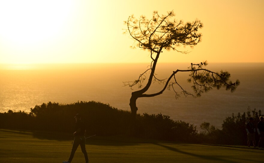Ludvig Aberg walks on the 15th hole of the South Course at Torrey Pines during the second round of the Farmers Insurance Open golf tournament Thursday, Jan. 23, 2025, in San Diego.