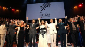 The Chess cast, featuring Josh Groban, Idina Menzel and Adam Pascal (in center), takes a bow.