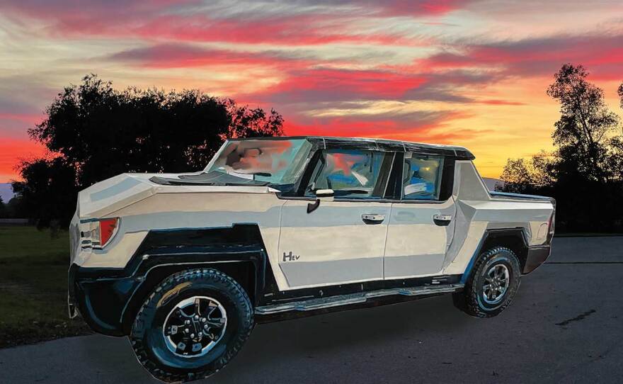 Jean Lowe's "Swank Tank," a large-scale cardboard and papier mache sculpture of the new electric Hummer. It will be on view in Lowe's "Swank" exhibition Oct. 1 through Nov. 26, 2022 at Quint Gallery.