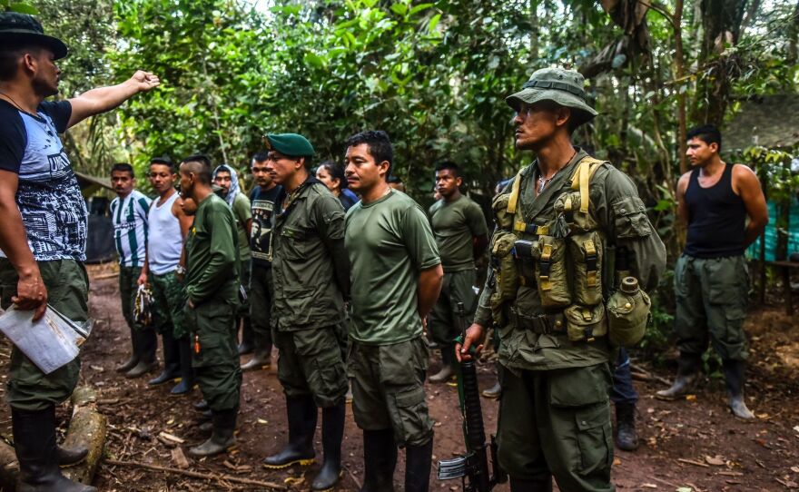 FARC guerrillas at a Colombia jungle camp last fall. Under last year's peace treaty, FARC agreed to disarm and confine its fighters to demobilization camps. But a small number of dissident rebels continue to extort business owners.