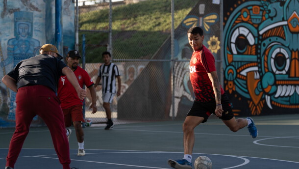 A futsal player attempts to score a goal during a weekly pickup game on June 2, 2026, San Diego, Calif.