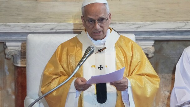 Pope Leo XIV delivers his speech as he celebrates a Mass in the Saint Augustine Basilica in Annaba, Algeria, Tuesday, April 14, 2026, on the second day of an 11-day apostolic journey to Africa.