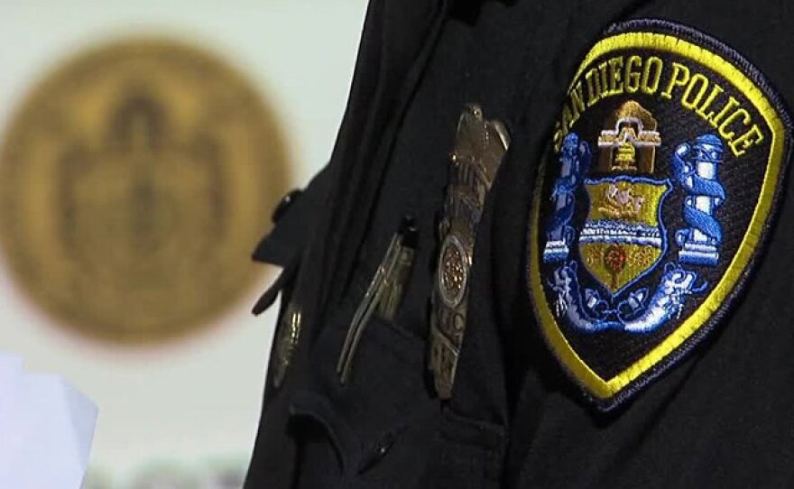 The San Diego Police Department seal is seen on an officer's uniform in this undated photo.