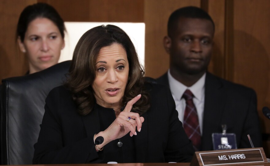 Sen. Kamala Harris, D-Calif., questions Supreme Court nominee Judge Brett Kavanaugh about whether he had ever spoken with anyone at Kasowitz Benson Torres about the Mueller investigation. Kavanaugh responded: "The answer is no."