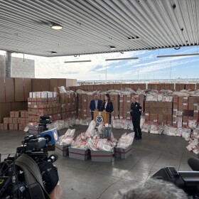 Homeland Security Secretary Kristi Noem took the podium at the Otay Mesa Detention Center, where the conference was theatrically decorated with drug props on Feb. 12, 2026.