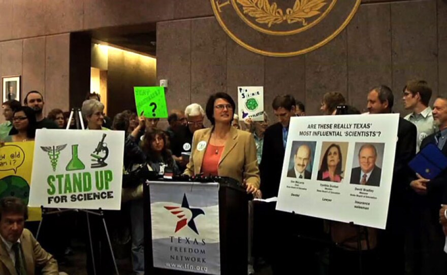 Kathy Miller speaks to the press before the SBOE Science TEKS deliberations.