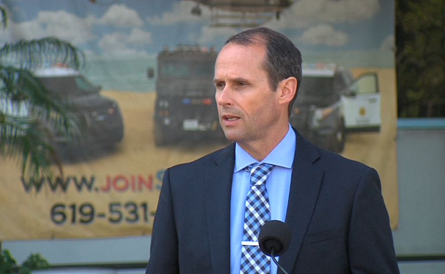San Diego police Capt. David Nisleit briefs reporters about a string of attacks on homeless men, July 7, 2016.
