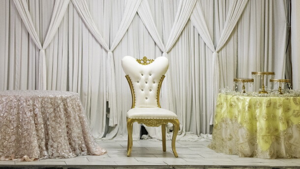 Throne used in quinceañeras in Just Java, an event space in Chula Vista that specializes in quinceañeras, April 30, 2026.