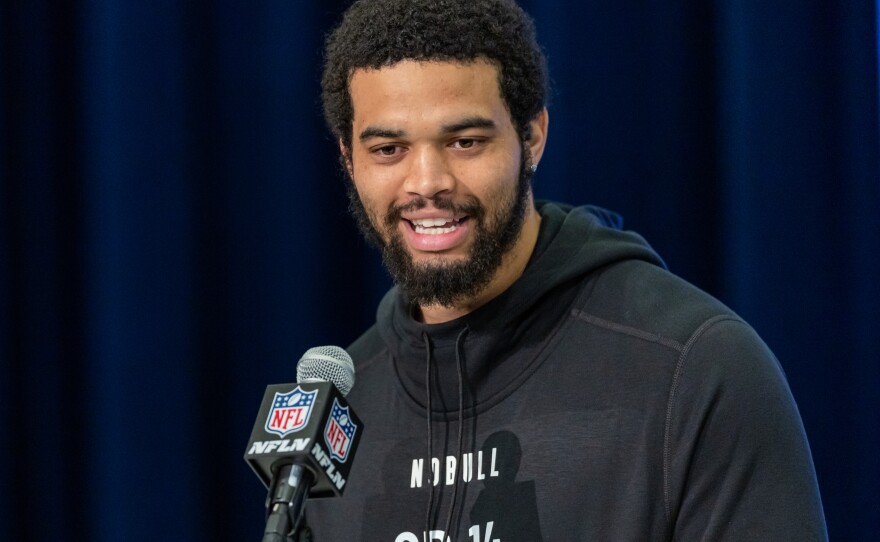 Caleb Williams of the USC Trojans speaks to the media during the 2024 NFL Draft Combine on March 01, 2024 in Indianapolis.