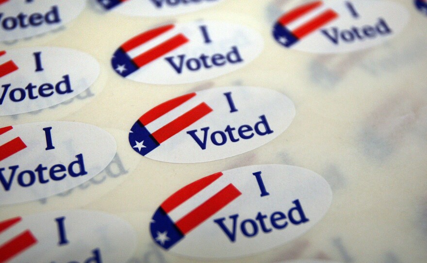 A sheet of voter stickers is seen inside a polling place in California.