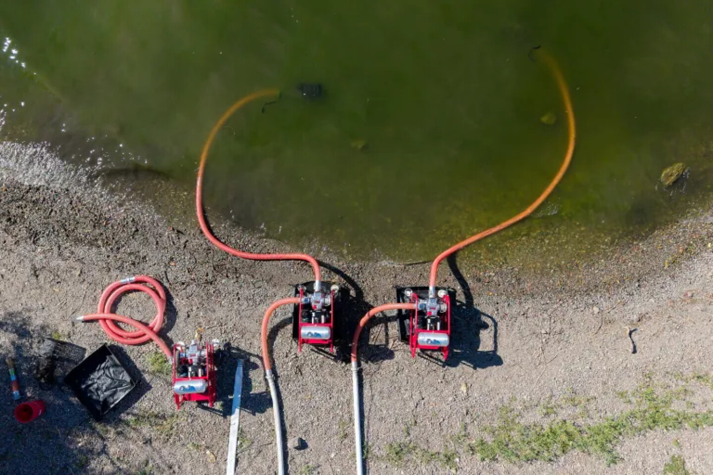 Remote hydrants are used in a training demonstration for fire crews on the shore of Clear Lake in Clearlake Oaks on Aug. 27, 2026.