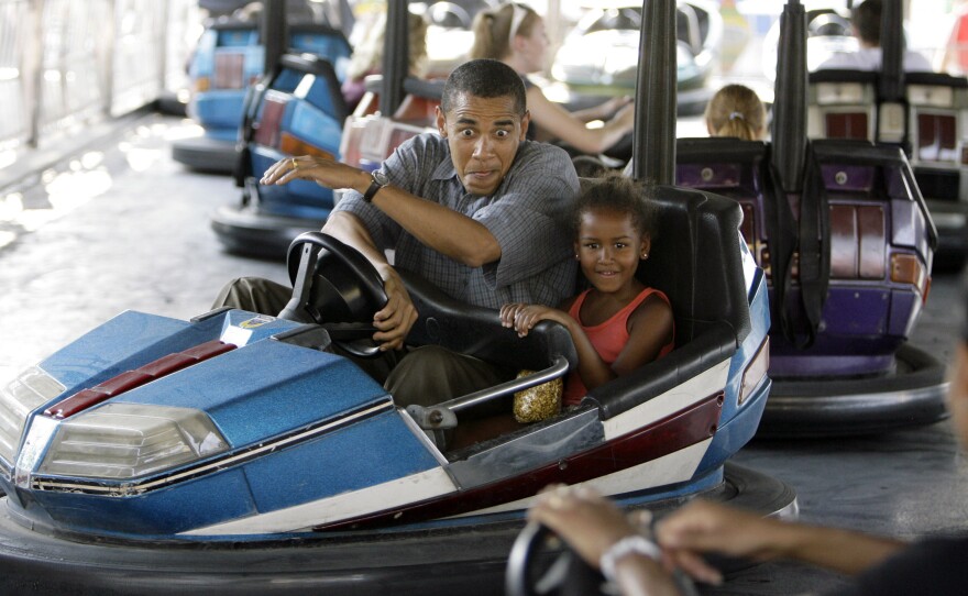 In 2007, then-candidate Barack Obama rode bumper cars at the Iowa State Fair with his daughter Sasha.