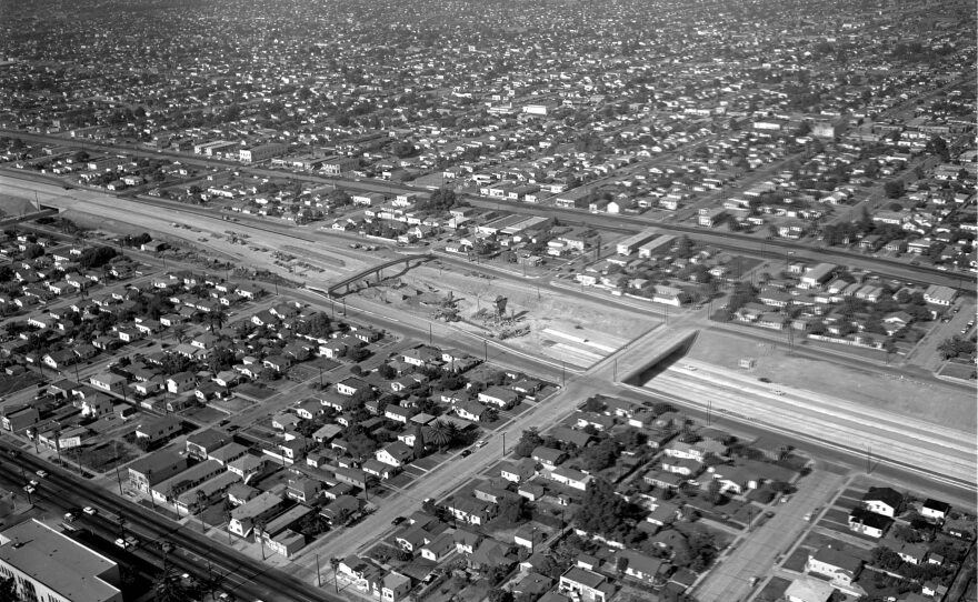 Grading the roadbed of the Harbor Freeway, 1958.