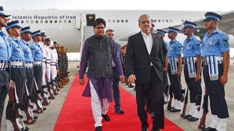 Iranian President Masoud Pezeshkian, center right, arrives for the BRICS summit in New Delhi, India, Friday, Sept. 11, 2026. (Indian Foreign Ministry via AP)